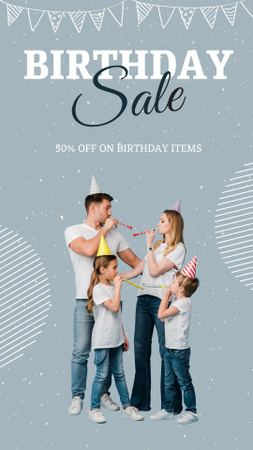 Birthday Items Sale Ad with Family Celebrating Instagram Story Tasarım Şablonu