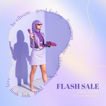 Sale Announcement with Stylish Girl in Glasses and Handset Instagram Design Template