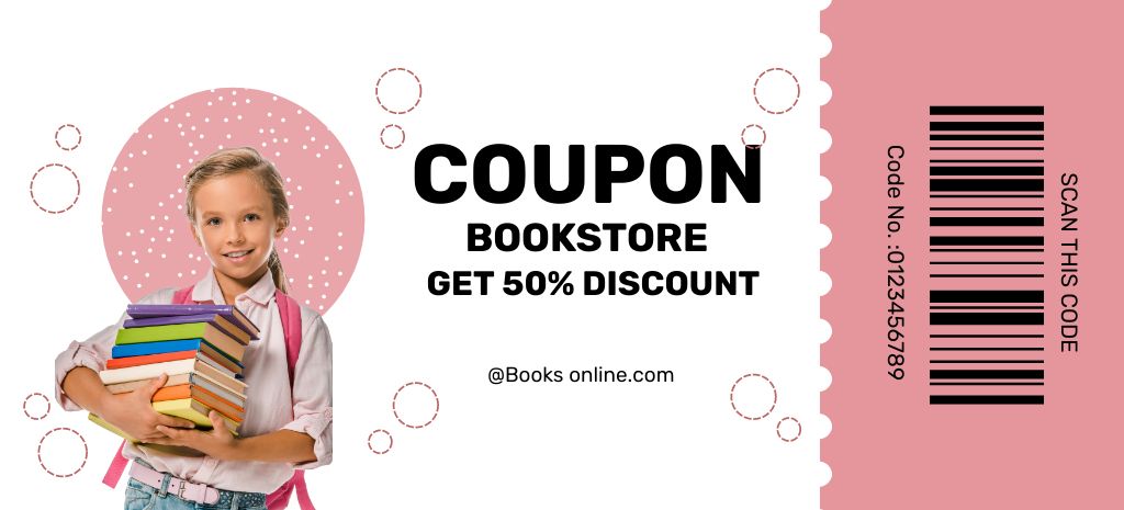 Schoolgirl with Textbooks on Book Store Voucher Coupon 3.75x8.25inデザインテンプレート