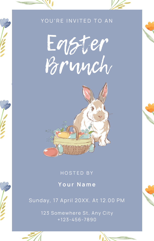 Easter Brunch Ad with Rabbit and Painted Eggs in Basket Invitation 4.6x7.2in Šablona návrhu