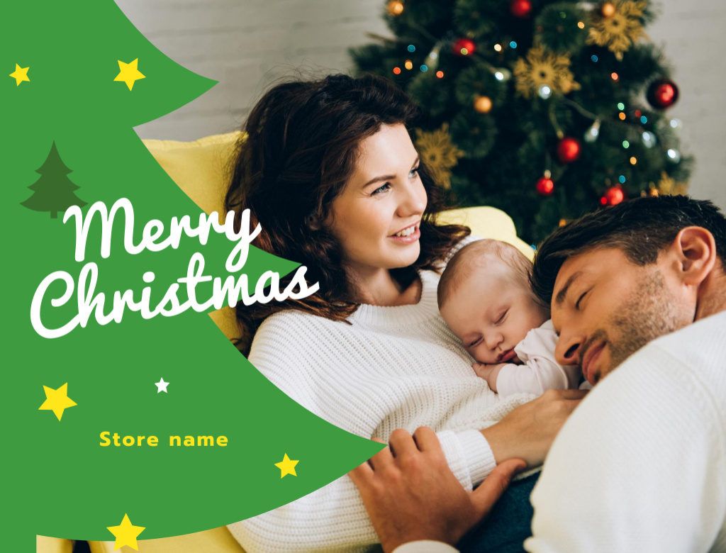 Designvorlage Lovely Christmas Congrats And Family With Baby By Fir Tree für Postcard 4.2x5.5in