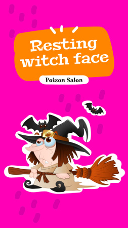 Funny Illustration of Witch on Broom Instagram Story Design Template