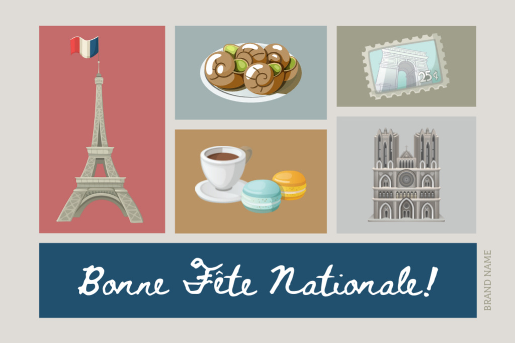 Bastille Day Greeting With Symbolic Showplaces And Food Postcard 4x6in Šablona návrhu