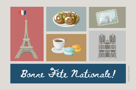 Bastille Day Greeting With Showplaces And Food Postcard 4x6in Design Template