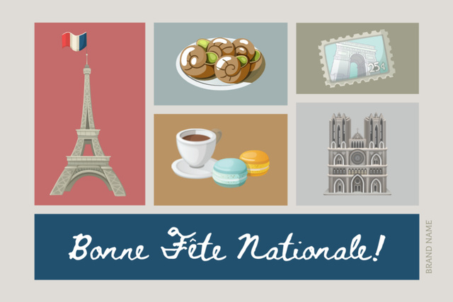 Designvorlage Bastille Day Greeting With Symbolic Showplaces And Food für Postcard 4x6in
