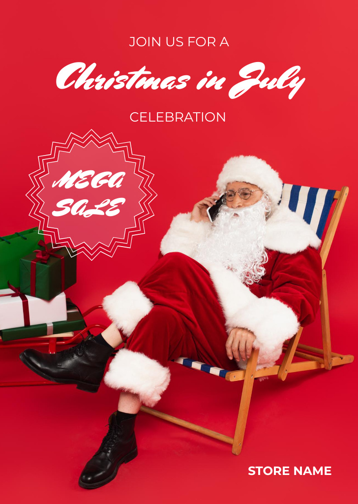 Christmas Sale in July with Santa Claus on a Chaise Lounge Flyer A6 Πρότυπο σχεδίασης