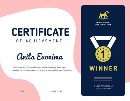 Dog Competition Achievement in Pink Certificate Design Template
