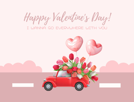 Happy Valentine's Day with Retro Car Carrying Tulips Thank You Card 4.2x5.5in Design Template