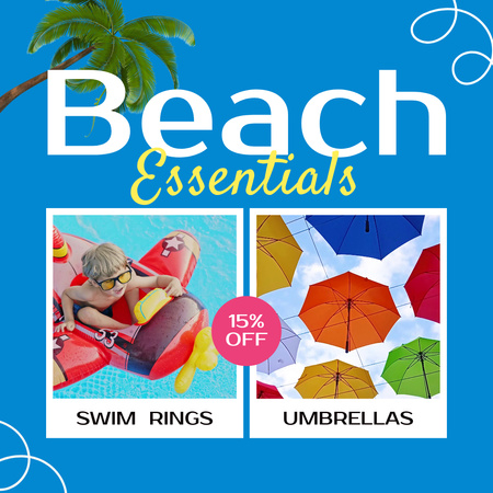Modèle de visuel Anneaux de bain et parapluies pour la plage avec remise - Animated Post