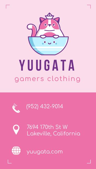 Gamers Store Ad with Cartoon Cat Business Card US Vertical Πρότυπο σχεδίασης