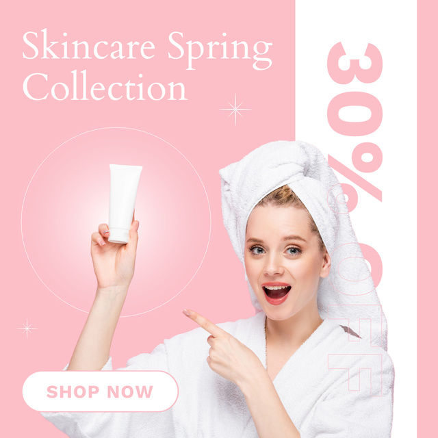Plantilla de diseño de Spring Sale Skincare Cosmetics with Young Blonde Woman in Pink Instagram AD 