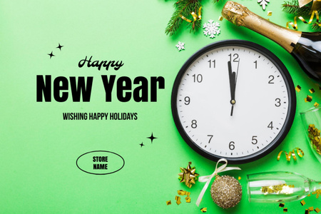 New Year Holiday Greeting with Clock and Champagne Postcard 4x6in Design Template