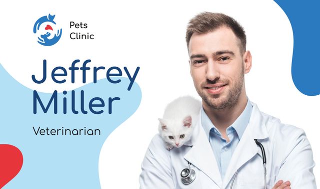 Veterinarian Contacts Man with Cat Business card Design Template