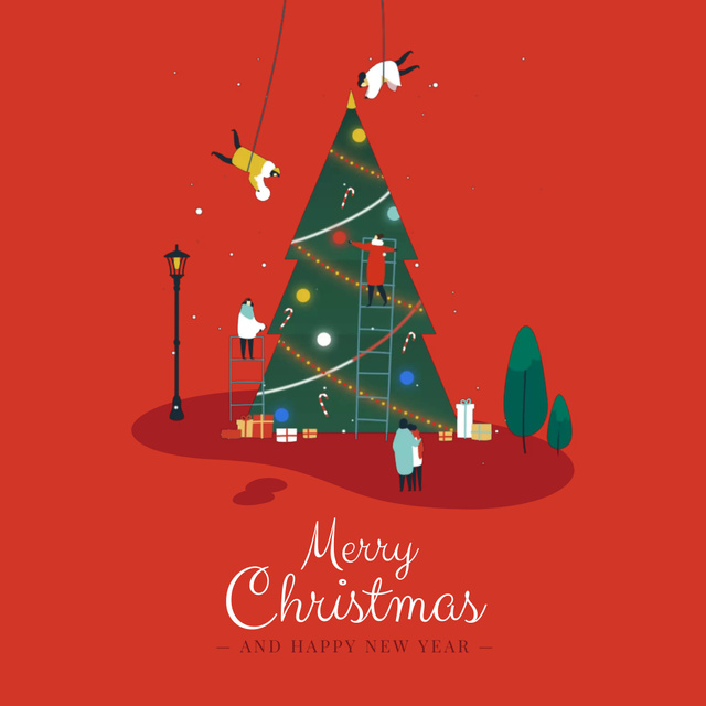 People decorating Christmas tree Animated Postデザインテンプレート