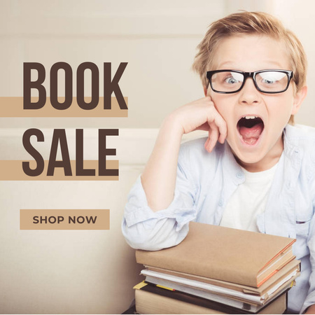 Children's Book Sale with Cheerful Boy with Glasses Instagramデザインテンプレート