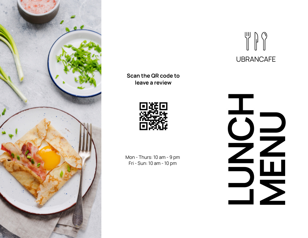 Platilla de diseño Lunch Menu Announcement with Appetizing Fried Eggs Menu 11x8.5in Tri-Fold