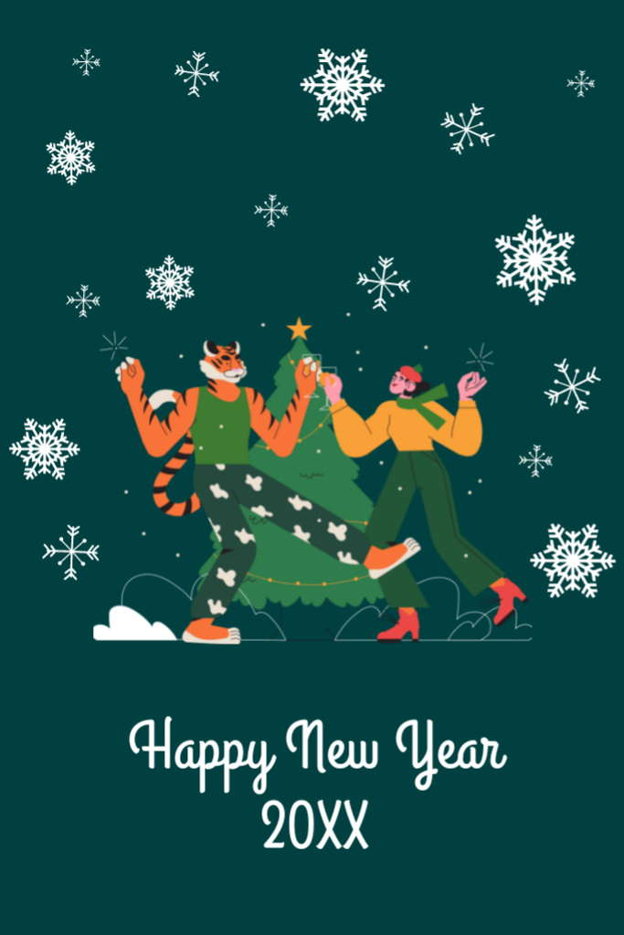 New Year Holiday Greeting on Green with Snowflakes Postcard 4x6in Vertical Design Template