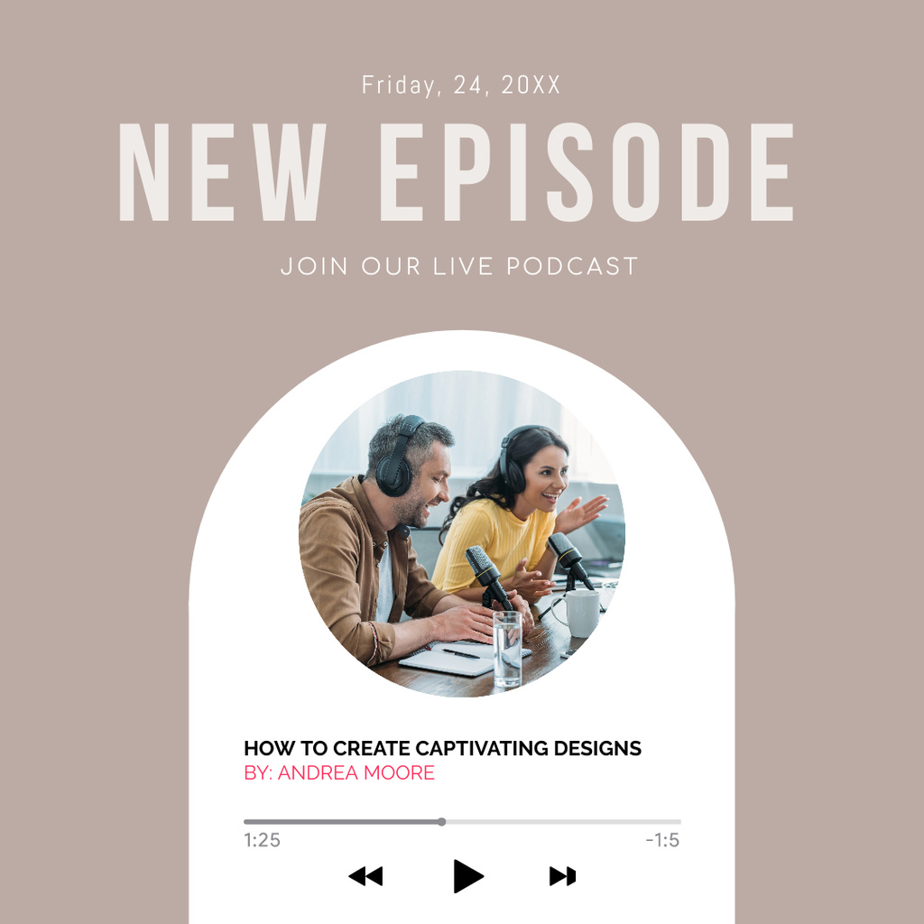 Designvorlage New Episode of Live Podcast Beige für Instagram