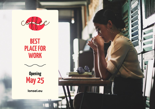 Platilla de diseño Ad of Best Places for Work with Young Woman drinking Coffee Flyer A5 Horizontal