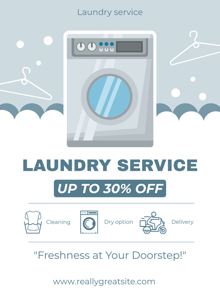 Template di design Discounts on Laundry Service with Washing Machine Illustration Poster US
