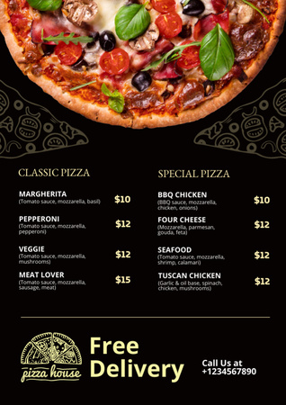 Ingyenes kiszállítás Különleges és klasszikus pizza ajánlat Menu tervezősablon