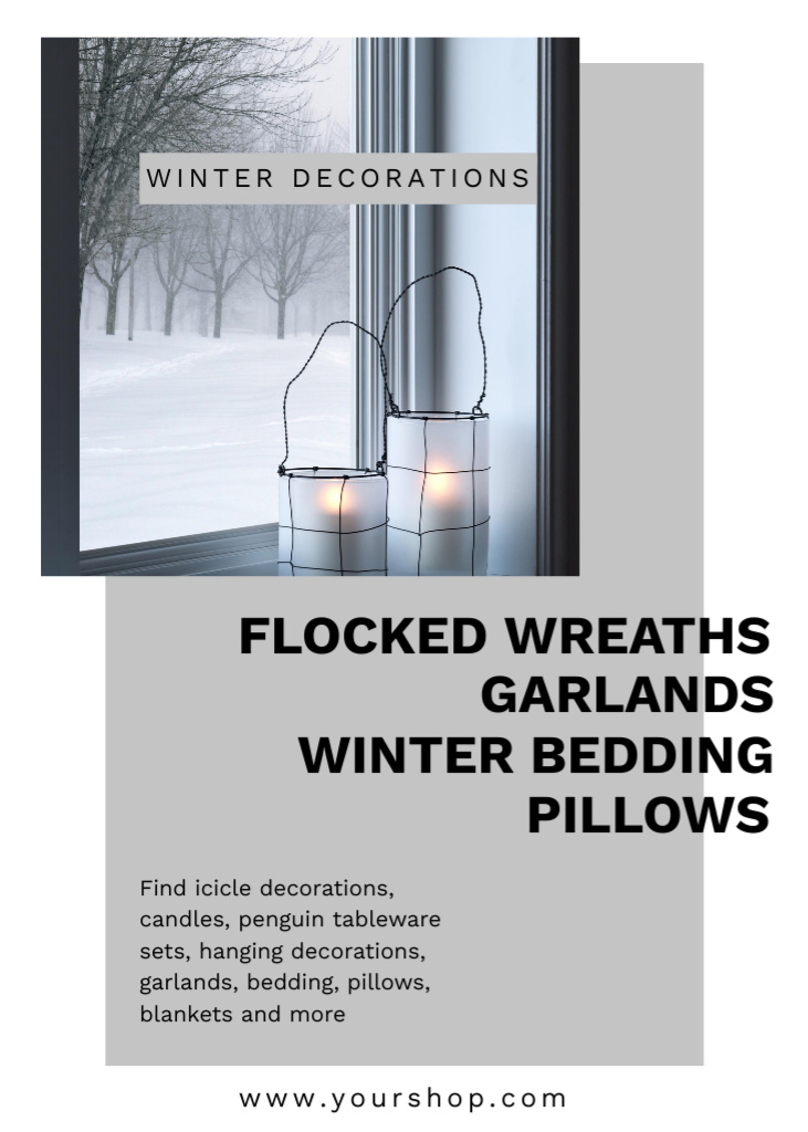 Offer of Winter Bedding Pillows and Garlands Flayer Modelo de Design