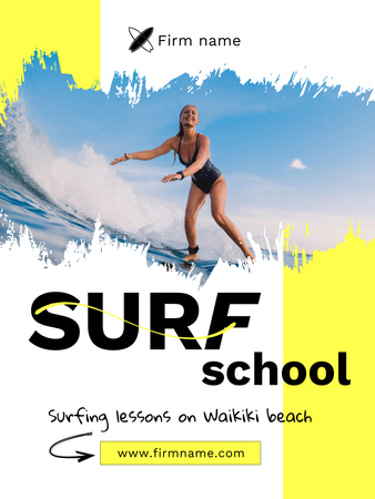Designvorlage Surfschulanzeige mit Frau auf Surfbrett für Poster US