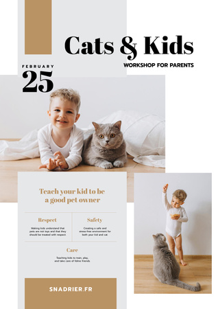 Kedi ile oynayan çocuk ile atölye duyurusu Poster Tasarım Şablonu