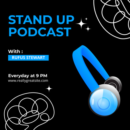 Szablon projektu Promocja podcastu na stojąco z niebieskimi słuchawkami Instagram