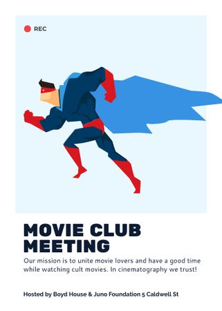 Movie Club Meeting with Man in Superhero Costume Invitation Design Template