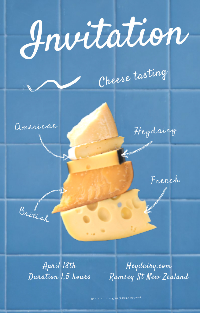 Variety Of Cheese Tasting Announcement in Blue Invitation 4.6x7.2in Design Template