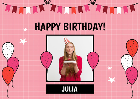 Birthday Girl Blows Out Candles on Birthday Cake Card Design Template