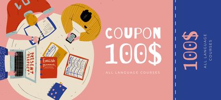 Discount for One Hundred Dollars Language Courses Coupon 3.75x8.25in Design Template