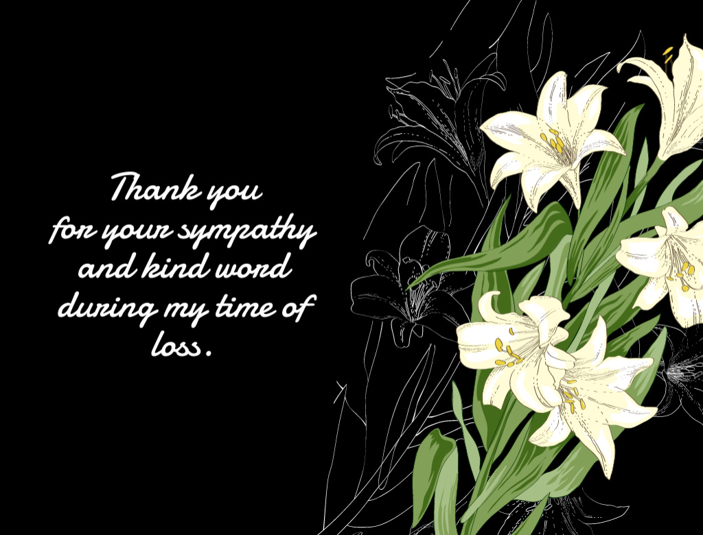 Sympathy Thank You Message with White Lilies on Black Postcard 4.2x5.5in Πρότυπο σχεδίασης