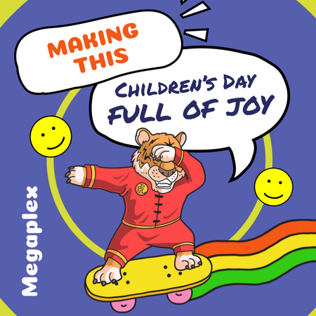 Children's Day Toy Discount with Tiger on Skateboard Animated Post Modelo de Design