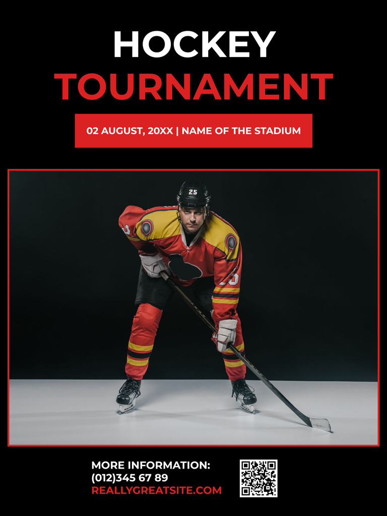Hockey Competition Announcement with Courageous Hockey Player Poster USデザインテンプレート