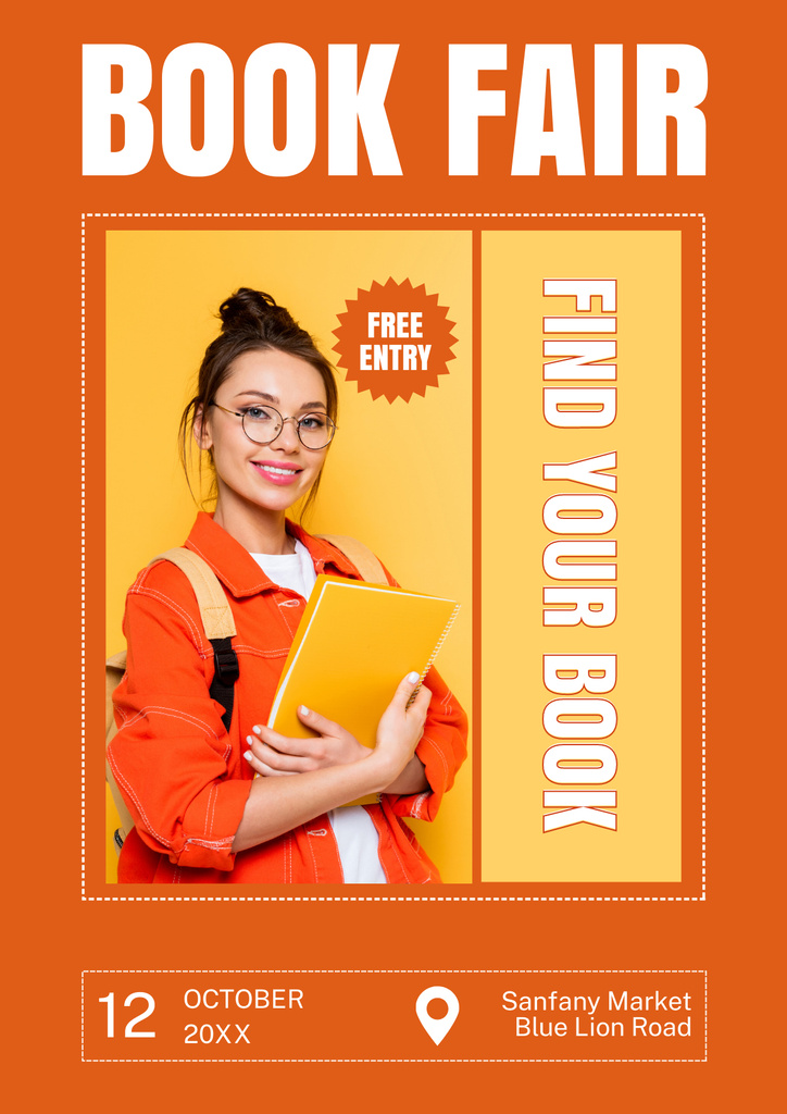 Student on Orange Ad of Book Fair Poster Modelo de Design