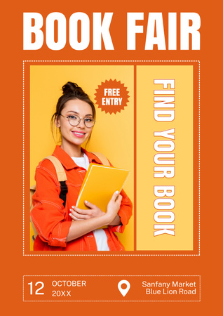 Designvorlage Student auf orangefarbener Anzeige der Buchmesse für Poster