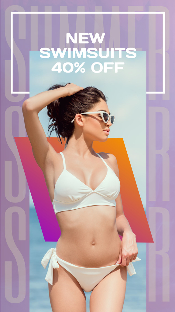 Swimwear Collection Ad with Woman in Sunglasses Instagram Story Modelo de Design