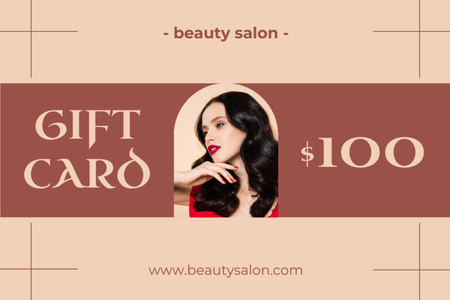 Beauty Salon Ad with Beautiful Brunette Gift Certificate Design Template