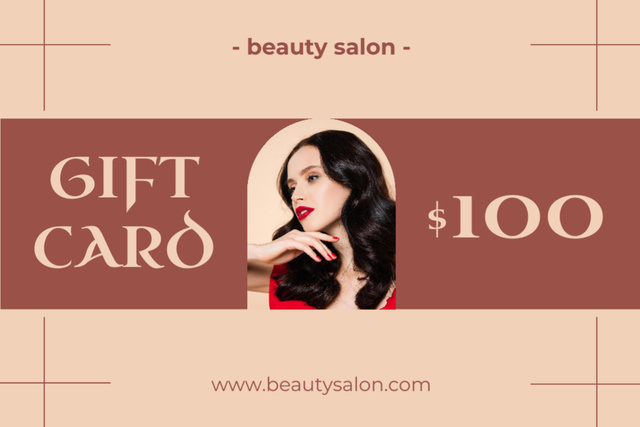 Szablon projektu Beauty Salon Ad with Beautiful Brunette Gift Certificate