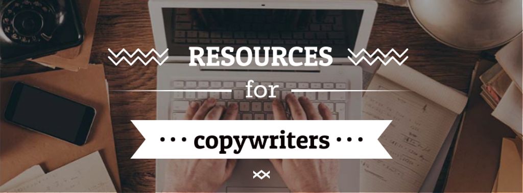 Resources for Copywriters with Laptop at Workplace Facebook cover – шаблон для дизайну