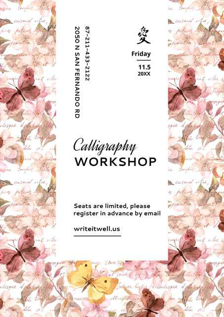 Calligraphy Workshop Announcement with Watercolor Flowers Poster Design Template
