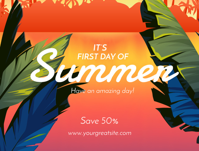 First Day Of Summer With Tropical Landscape Illustration Postcard 4.2x5.5in – шаблон для дизайна