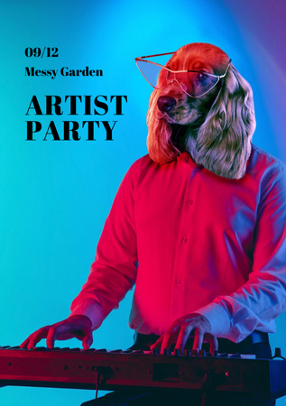 Party Announcement with Funny Dog Musician Flyer A5 Design Template