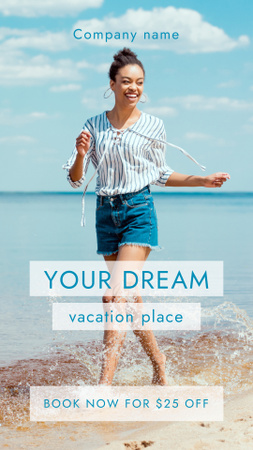 Beach Hotel Ad with Beautiful African American Woman Instagram Video Story Design Template