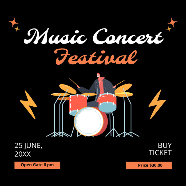 Music Concert Festival Announcement with Drums Instagram Tasarım Şablonu