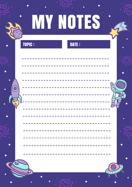 Note Sheet with Cute Astronaut and Rocket Schedule Planner Design Template