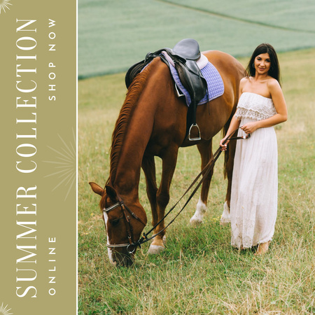 Lady Posing in Meadow with Horse for Summer Fashion Collection Anouncement  Instagram Design Template