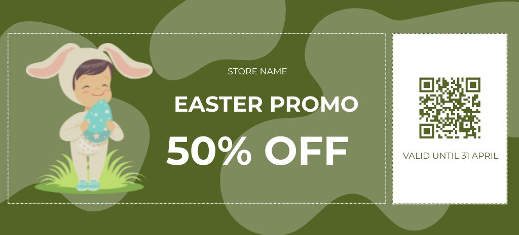 Easter Promo with Funny Kid in Bunny Costume Coupon 3.75x8.25in Design Template